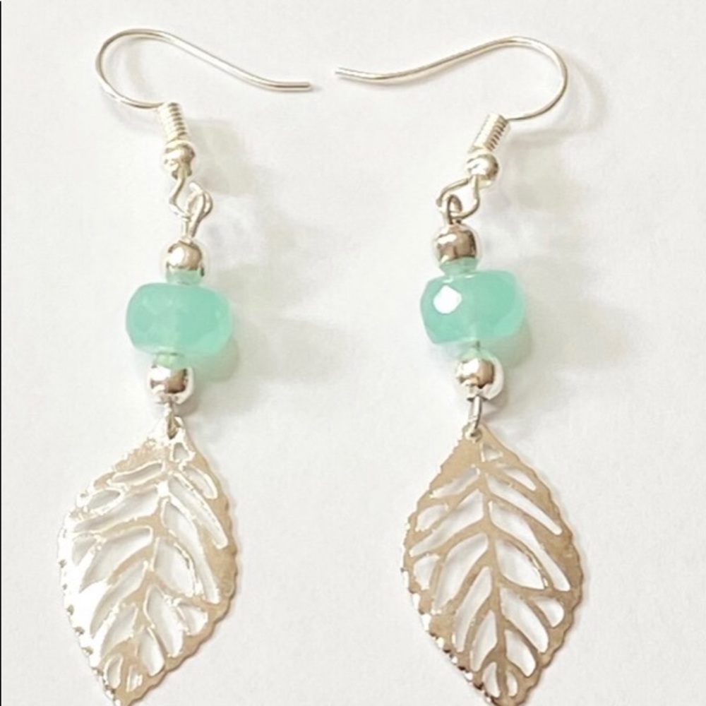 Aqua Chalcedony & Silver Plated Leaf Earrings